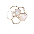 Detailed close-up of a camellia flower brooch with pearl center and mother of pearl petals - Gold
