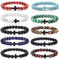Set of 8mm natural stone beaded bracelets with horizontal cross charm in 10 styles - Assorted Mixed Stone Collection
