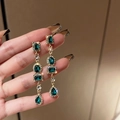 Vintage emerald crystal drop earrings with sparkling rhinestones in gold setting - Green Waterdrop (8# Silver Earring Post)