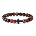 Detailed macro view of 8mm red tiger eye beads with a matte black cross pendant - Red Tiger Eye