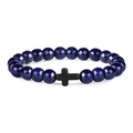 Close-up of 8mm deep blue lapis beads and matte black cross charm on elastic bracelet - Lapis Lazuli