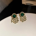 Detail of vintage emerald tassel earrings with gold plating and white crystals on a tray - Green Rhombus Tassel (35# Silver Earring Post)