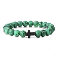Close-up of 8mm green malachite beads and smooth black cross pendant on the bracelet - Malachite