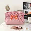 Elegant mauve pleated makeup bag with large pink satin bow and silky finish fabric - Vitality Pink Plaid