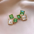 Vintage oorbellen met smaragd en witte vierkante diamanten in gouden zetting - 54# Zilveren Stift-Goud-Wit-Groen-Ruit