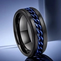 Premium 8mm black stainless steel spinner ring for men with blue chain inlay detail - Size 5 / Embossed Rotating Style (25-C-3) / Black Ring Blue Chain