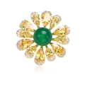 Macro detail of daisy brooch with green gemstone center and yellow crystal petals - Yellow