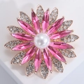 Elegant gold sun flower brooch with pink crystals, white pearl center and diamond accents - Pink