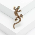 Vintage gold gecko brooch with sparkling brown rhinestones and green crystal eyes - Brown