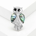 Elegant owl brooch with colorful abalone shell inlays on polished silver metal finish - Silver Owl (MM-BR-3116)