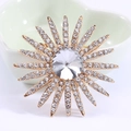 Detailed macro view of a golden sunburst brooch with clear crystals on a white plate - Gold