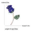 Elegant blue crystal rose flower brooch with golden stem and detailed leaf accents - Blue