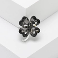 Minimalist four-leaf clover brooch with dark grey heart-shaped crystals on silver base - Heart Clover (3187) / Black