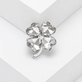 Elegant silver four-leaf clover brooch featuring heart-shaped crystals on white pedestal - Heart Clover (3187) / White