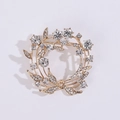 Golden olive leaf wreath brooch with sparkling round rhinestones on white background - Gold Wreath Style (MM-BR-3200) / Gold
