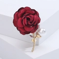 Close-up of deep red satin rose brooch with white pearl and rhinestone accents - Rose Shape (3231) / Red