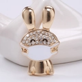Detailopname van schattige konijnenbroche met witte strass steentjes en masker op goud metaal - Wit