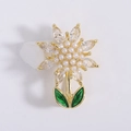 Detail of sunflower brooch with white pearls, zircon petals, and green enamel leaves - White Sunflower (MM-BR-8382) / White