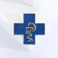 Spilla a croce blu glitterata con simbolo medico coppa di Igea in metallo dorato lucido - Blu