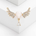 Elegant angel wing heart brooch with pink cat eye stone and hanging drop crystal - White (MM-BR-3357)