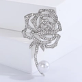Elegant silver rose brooch with sparkling zircons and a white pearl drop pendant - Silver