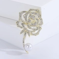 Handcrafted rose flower brooch with sparkling crystals and a large white pearl in gold finish - Gold