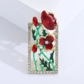Elegante spilla floreale rettangolare con fiori di papavero in smalto rosso e zirconi - Rosso (MM-BR-3410)