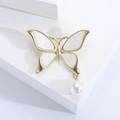 Elegant gold butterfly stud earrings with white mother of pearl inlay and hanging pearl charm - Butterfly Style