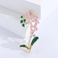 Elegante broche de orquídea con gemas rosas, hojas de esmalte verde y una gran perla blanca - Rosa 8440