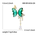 Elegante broche de mariposa en cristal verde con baño de oro y colgante en forma de gota - Verde (Verde-8436-GN)