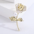 Elegant gold rose brooch with grey enamel petals and a large white pearl for suits - Gold (MM-BR-3533-GD)