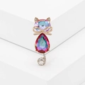 Elegant cat brooch featuring multi-color gradient crystals and gold-plated cubic zirconia accents - Pink