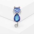 Exquisite crystal cat brooch with blue gradient rhinestones and silver bow tie accessory - Blue