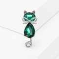 Elegant emerald green crystal cat brooch with sparkling silver rhinestone tail and bow - Green