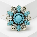 Vintage bohemian flower brooch with turquoise beads and antique bronze hollowed petals - Turquoise Blue