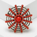 Vintage sunflower brooch with red resin beads and retro metal frame on white geometric blocks - Red (3547)