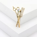 Vintage gold scissors and comb brooch with rhinestone for men's suits and hairdressers - Gold