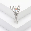 Vintage silver scissors and comb brooch with sparkling AB crystal for men suits - Silver