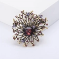 Vintage gold alloy flower brooch with large red triangle crystal and pink stones - Purple