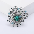 Vintage silver flower brooch with emerald green crystal and colorful rhinestones - Green