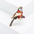 Exquisite enamel magpie bird brooch with colorful feathers on a purple flower branch - Red