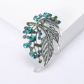 Lussuosa spilla a forma di piuma con strass blu e verdi e finitura in argento antico - Verde (MM-BR-3708-GN)