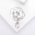 Élégante broche camélia avec pétales en nacre blanche et pendentif perle délicat - Argenté