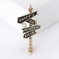 Broche vintage de señal de calle dorada con cristales y texto Happy, Kiss y Love - Dorado