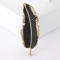 Elegant black matte feather brooch with gold-tone leaf veins for suits and coats - Black (MM-BR-3761)