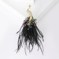 Detailed close-up of peacock brooch with colorful crystals and black feather plume - Black