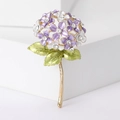Detail of purple hydrangea brooch with enamel petals and crystal center on white steps - Purple