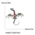Silver dragon brooch with red rhinestones and black enamel detail in a flying pose - Silver Gray