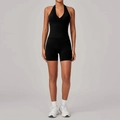 Zwarte sportset voor dames met haltertop en biker shorts met hoge taille voor fitness - S / Zwart