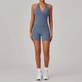 Blauwe tweedelige yogaset met halternek V-hals top en nauwsluitende sportshort - S / Grijsblauw